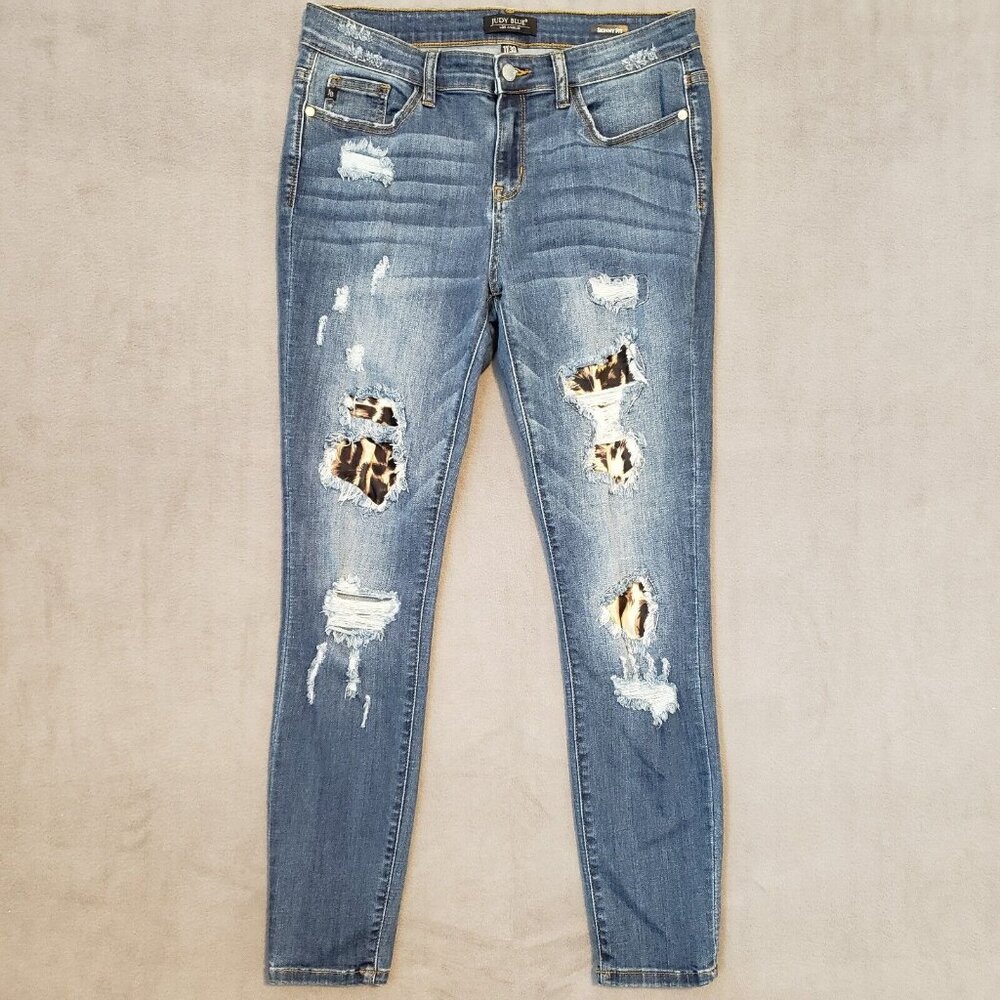 Judy Blue Jeans Womens 30 Blue Skinny Leopard Cheetah Print Ripped Stretch Denim